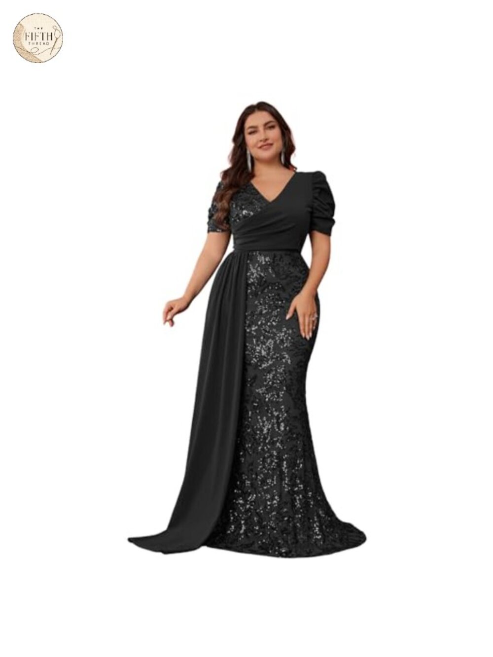 Womens Sequin Floral Mermaid Formal Dress Puff Sleeve Court Train Plus Size